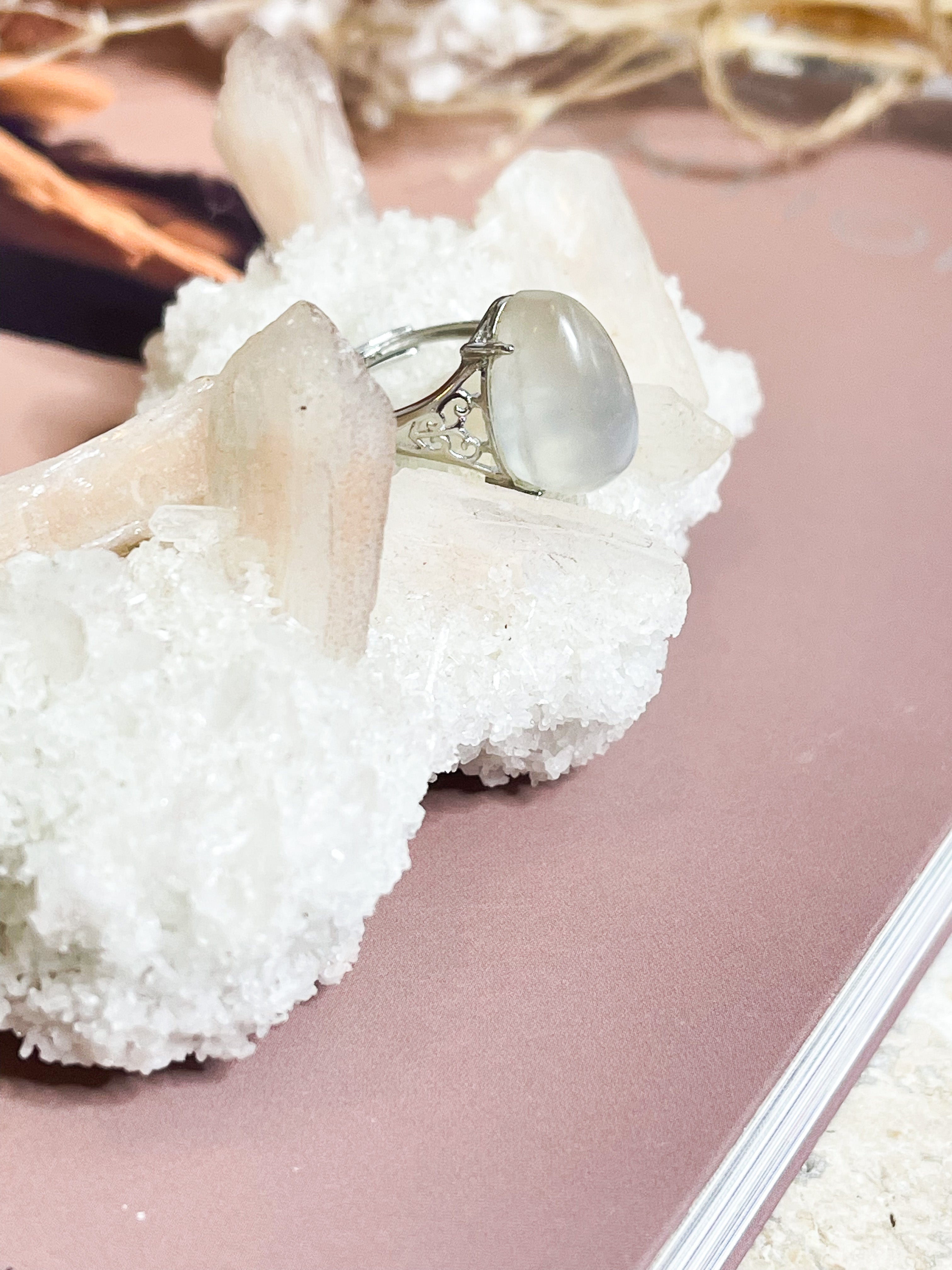 Rainbow Moonstone Ring // 925 Silver // Adjustable // Balance + Harmony + Intuition
